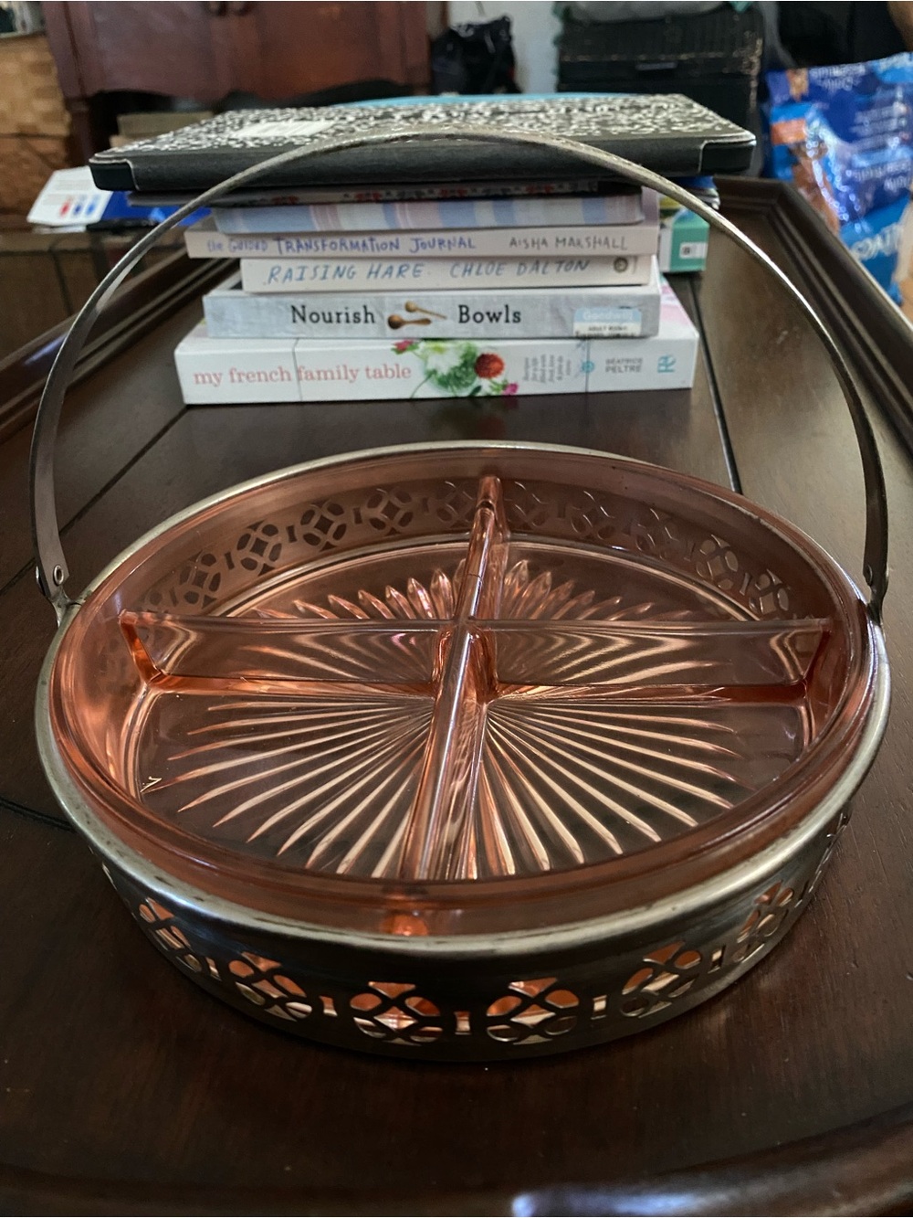 Antique Depression Glass Divided Serving Dish with metal carrying caddy Handle